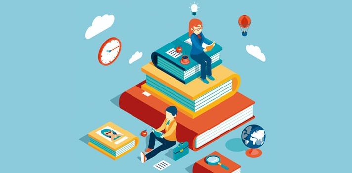 Pessoas sentadas em livros e estudando